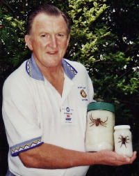 Katoomba Rotarian/spider authority Rex Gilroy with two preserved spider specimens.